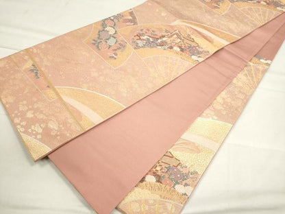 平和屋着物◎六通柄袋帯 扇面御所車草花文 金糸 正絹 逸品 CAAI6186ou
