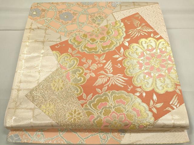 平和屋着物◎六通柄袋帯 色紙重ね花鳥文 金糸 正絹 逸品 CAAI6187ou