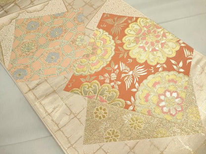平和屋着物◎六通柄袋帯 色紙重ね花鳥文 金糸 正絹 逸品 CAAI6187ou