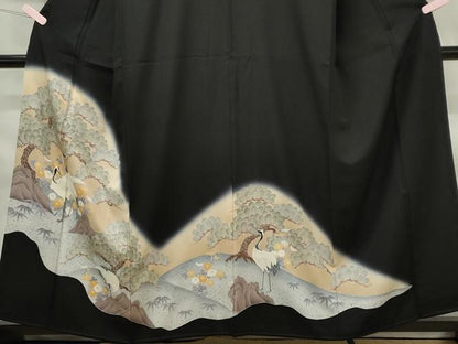 平和屋着物■豪華黒留袖　刺繍　濡れ鶴枝松文　銀彩　正絹　逸品　CAAI6323ou