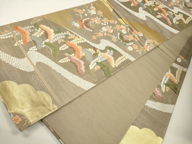 平和屋着物●六通柄袋帯 唐織 流水枝松花蝶文 金銀糸 逸品 CAAJ0206eg