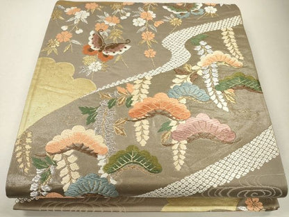 平和屋着物●六通柄袋帯 唐織 流水枝松花蝶文 金銀糸 逸品 CAAJ0206eg