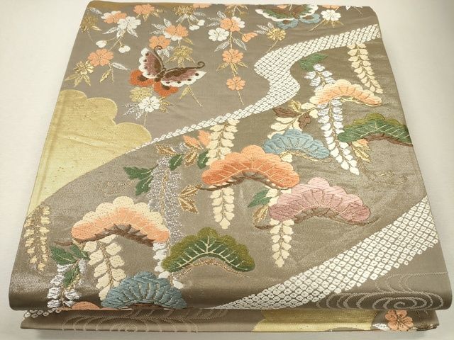 平和屋着物●六通柄袋帯 唐織 流水枝松花蝶文 金銀糸 逸品 CAAJ0206eg