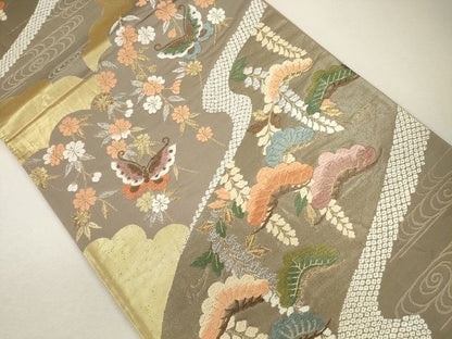 平和屋着物●六通柄袋帯 唐織 流水枝松花蝶文 金銀糸 逸品 CAAJ0206eg