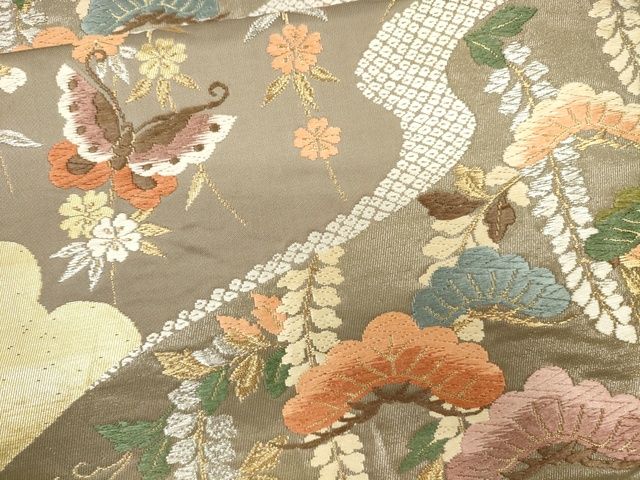 平和屋着物●六通柄袋帯 唐織 流水枝松花蝶文 金銀糸 逸品 CAAJ0206eg