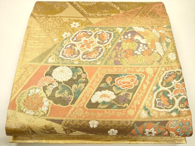 平和屋着物●六通柄袋帯 唐織 菱繋ぎ正倉院鳳凰花文 金糸 逸品 CAAJ0307eg