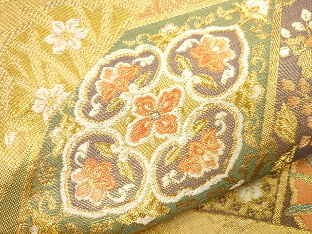 平和屋着物●六通柄袋帯 唐織 菱繋ぎ正倉院鳳凰花文 金糸 逸品 CAAJ0307eg