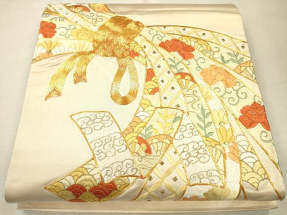 平和屋着物●袋帯 総刺繍 駒刺繍 束ね熨斗花唐草文 金糸 正絹 逸品 CAAJ0859eg