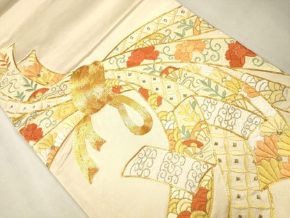 平和屋着物●袋帯 総刺繍 駒刺繍 束ね熨斗花唐草文 金糸 正絹 逸品 CAAJ0859eg