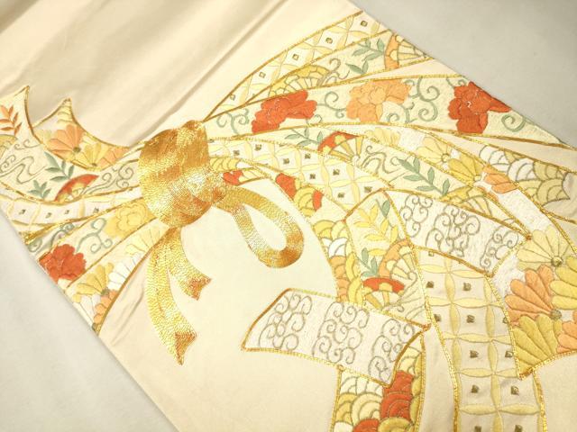 平和屋着物●袋帯 総刺繍 駒刺繍 束ね熨斗花唐草文 金糸 正絹 逸品 CAAJ0859eg