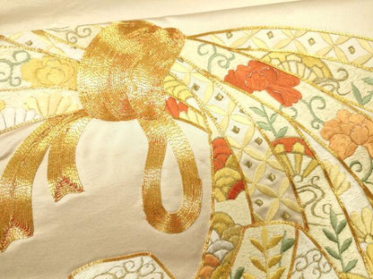 平和屋着物●袋帯 総刺繍 駒刺繍 束ね熨斗花唐草文 金糸 正絹 逸品 CAAJ0859eg
