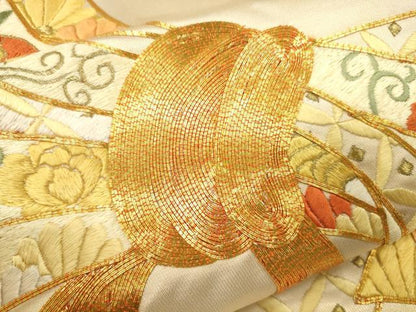 平和屋着物●袋帯 総刺繍 駒刺繍 束ね熨斗花唐草文 金糸 正絹 逸品 CAAJ0859eg