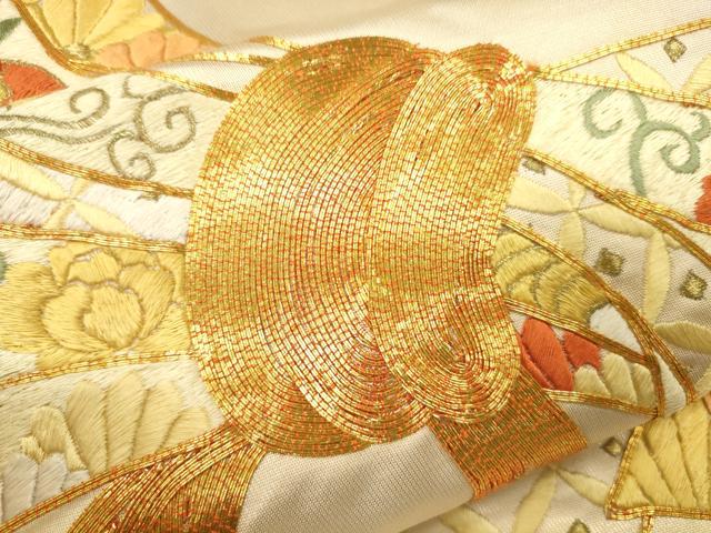 平和屋着物●袋帯 総刺繍 駒刺繍 束ね熨斗花唐草文 金糸 正絹 逸品 CAAJ0859eg