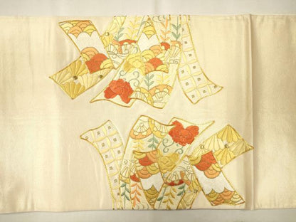 平和屋着物●袋帯 総刺繍 駒刺繍 束ね熨斗花唐草文 金糸 正絹 逸品 CAAJ0859eg