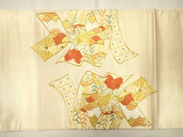 平和屋着物●袋帯 総刺繍 駒刺繍 束ね熨斗花唐草文 金糸 正絹 逸品 CAAJ0859eg