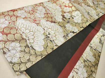 平和屋着物●六通柄袋帯 枝松草花文 金銀糸 正絹 逸品 CAAJ0864eg