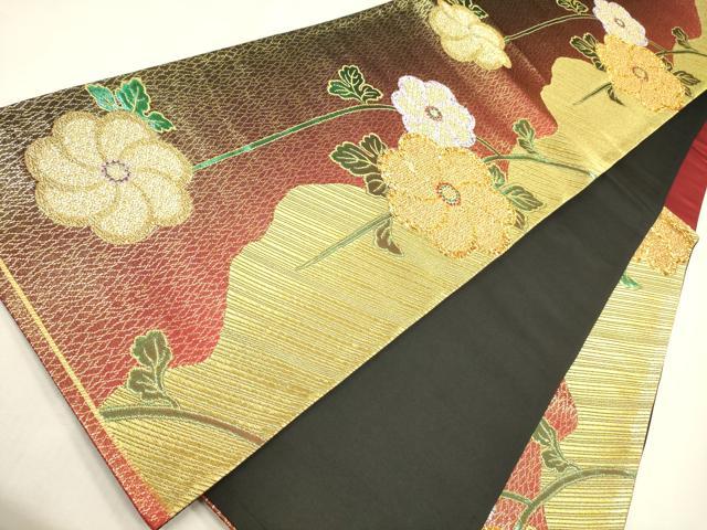 平和屋着物●六通柄袋帯 斜線草花文 金糸 正絹 逸品 CAAJ0876eg