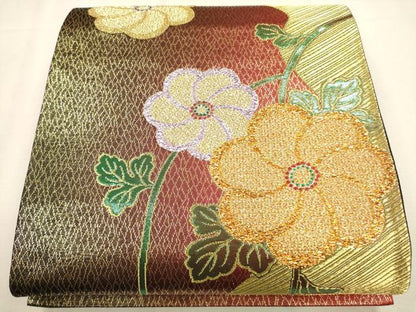 平和屋着物●六通柄袋帯 斜線草花文 金糸 正絹 逸品 CAAJ0876eg