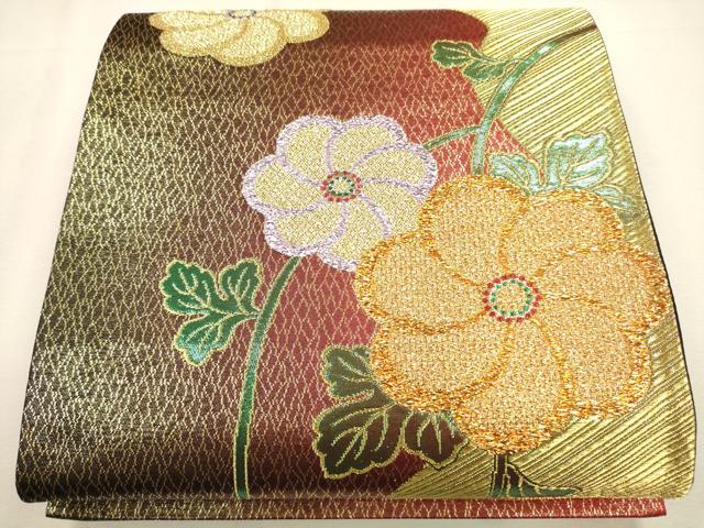 平和屋着物●六通柄袋帯 斜線草花文 金糸 正絹 逸品 CAAJ0876eg