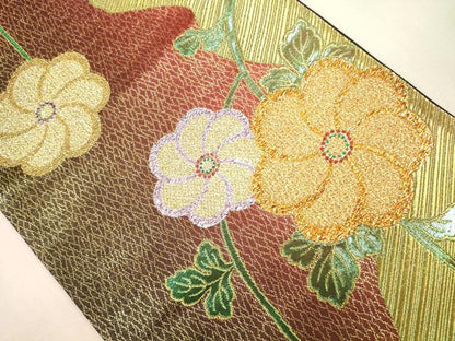 平和屋着物●六通柄袋帯 斜線草花文 金糸 正絹 逸品 CAAJ0876eg