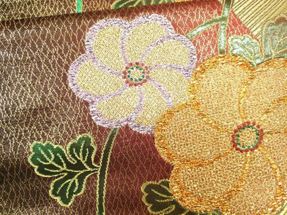 平和屋着物●六通柄袋帯 斜線草花文 金糸 正絹 逸品 CAAJ0876eg