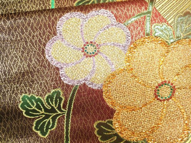 平和屋着物●六通柄袋帯 斜線草花文 金糸 正絹 逸品 CAAJ0876eg