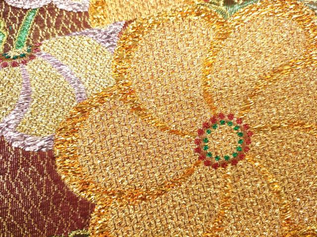平和屋着物●六通柄袋帯 斜線草花文 金糸 正絹 逸品 CAAJ0876eg