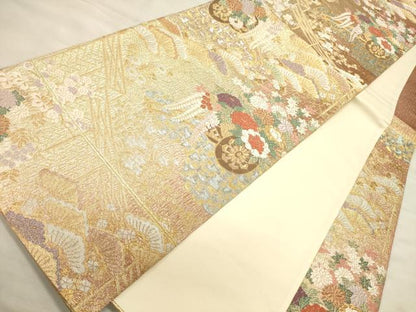 平和屋着物●六通柄袋帯 唐織 枝松花車文 金銀糸 正絹 逸品 CAAJ0897eg