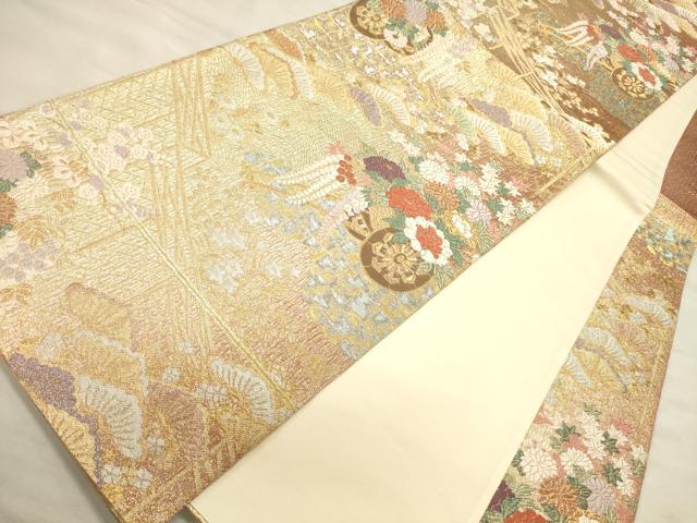 平和屋着物●六通柄袋帯 唐織 枝松花車文 金銀糸 正絹 逸品 CAAJ0897eg