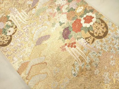 平和屋着物●六通柄袋帯 唐織 枝松花車文 金銀糸 正絹 逸品 CAAJ0897eg