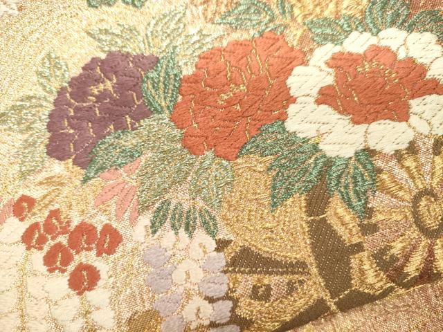 平和屋着物●六通柄袋帯 唐織 枝松花車文 金銀糸 正絹 逸品 CAAJ0897eg