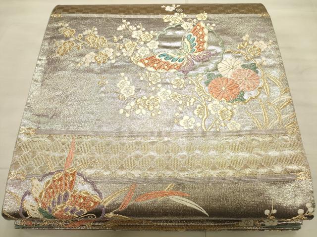 平和屋着物●六通柄袋帯 唐織 雪輪花蝶文 金銀糸 鈴乃屋扱い 正絹 逸品 CAAJ0899eg