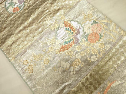 平和屋着物●六通柄袋帯 唐織 雪輪花蝶文 金銀糸 鈴乃屋扱い 正絹 逸品 CAAJ0899eg