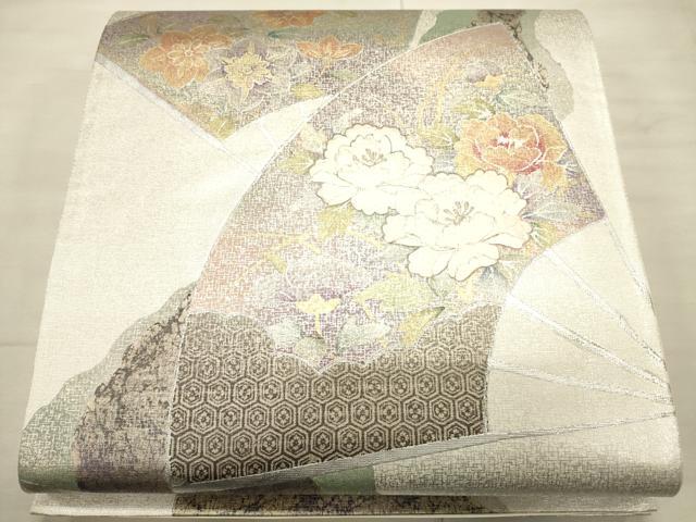 平和屋着物●六通太鼓柄袋帯 刺繍 扇面花唐草文 金銀彩 正絹 逸品 CAAJ0906eg