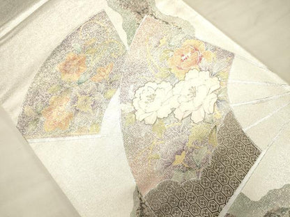 平和屋着物●六通太鼓柄袋帯 刺繍 扇面花唐草文 金銀彩 正絹 逸品 CAAJ0906eg