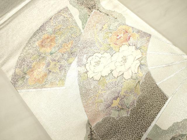 平和屋着物●六通太鼓柄袋帯 刺繍 扇面花唐草文 金銀彩 正絹 逸品 CAAJ0906eg