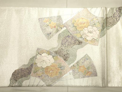 平和屋着物●六通太鼓柄袋帯 刺繍 扇面花唐草文 金銀彩 正絹 逸品 CAAJ0906eg