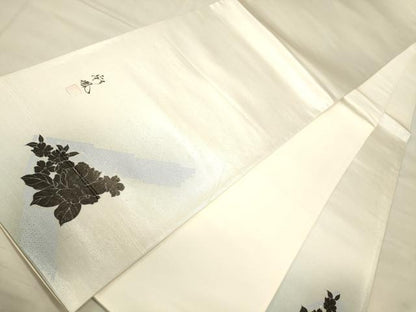 平和屋着物●六通太鼓柄袋帯 作家物 草花文 銀糸 正絹 逸品 CAAJ0910eg