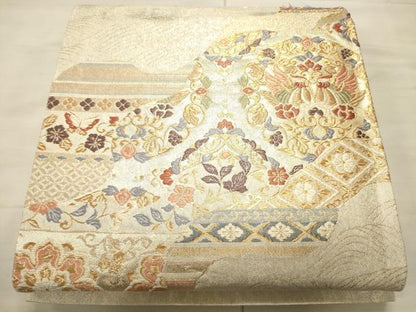 平和屋着物●六通柄袋帯 唐織 流水向かい鳥花文 金銀糸 正絹 逸品 CAAJ0927eg