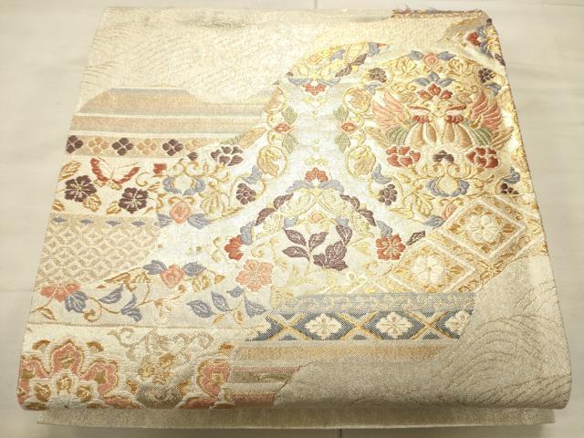 平和屋着物●六通柄袋帯 唐織 流水向かい鳥花文 金銀糸 正絹 逸品 CAAJ0927eg