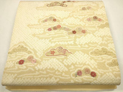 平和屋着物●太鼓柄袋帯 絞り 刺繍 松葉草花文 金彩 正絹 逸品 CAAJ1218eg