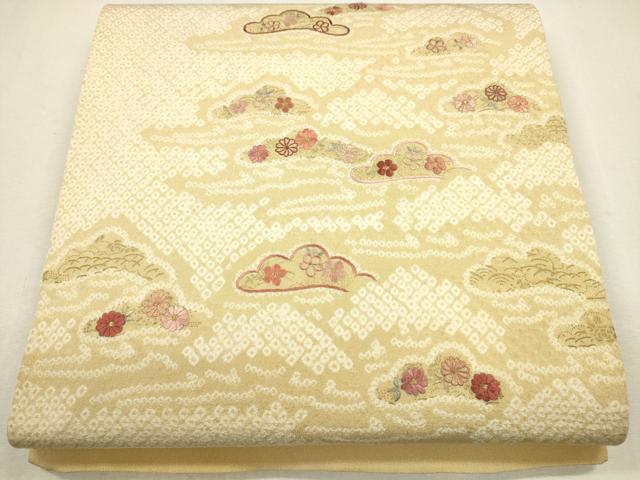 平和屋着物●太鼓柄袋帯 絞り 刺繍 松葉草花文 金彩 正絹 逸品 CAAJ1218eg