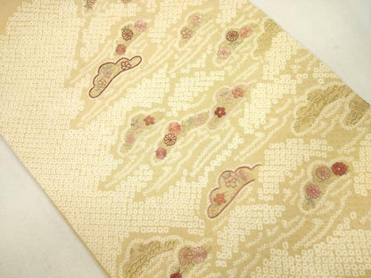 平和屋着物●太鼓柄袋帯 絞り 刺繍 松葉草花文 金彩 正絹 逸品 CAAJ1218eg