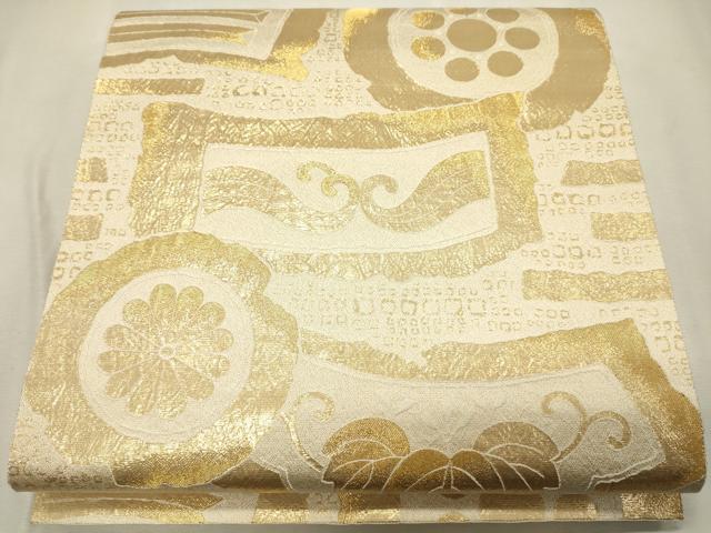 平和屋着物●六通柄袋帯 花絵皿文 金糸 正絹 逸品 CAAJ1516eg