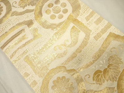 平和屋着物●六通柄袋帯 花絵皿文 金糸 正絹 逸品 CAAJ1516eg