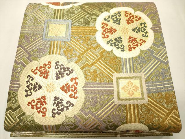 総相良刺繍 蜀江文 華紋 袋帯 鳥 金糸 正絹 六通 袋帯 美品 秀品 蜀江華文 鳥 刺繍 金糸 灰紫 六通 正絹 【中古