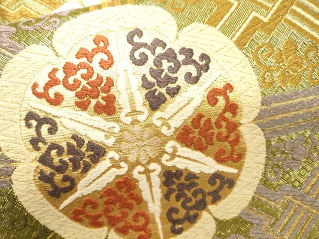 総相良刺繍 蜀江文 華紋 袋帯 鳥 金糸 正絹 六通 袋帯 美品 秀品 蜀江華文 鳥 刺繍 金糸 灰紫 六通 正絹 【中古