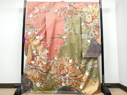 平和屋着物●豪華振袖　駒刺繍　鳳凰橘文　金彩　正絹　逸品　CAAJ7217hy