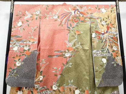 平和屋着物●豪華振袖　駒刺繍　鳳凰橘文　金彩　正絹　逸品　CAAJ7217hy