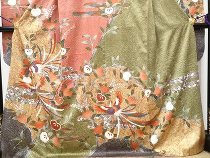平和屋着物●豪華振袖　駒刺繍　鳳凰橘文　金彩　正絹　逸品　CAAJ7217hy